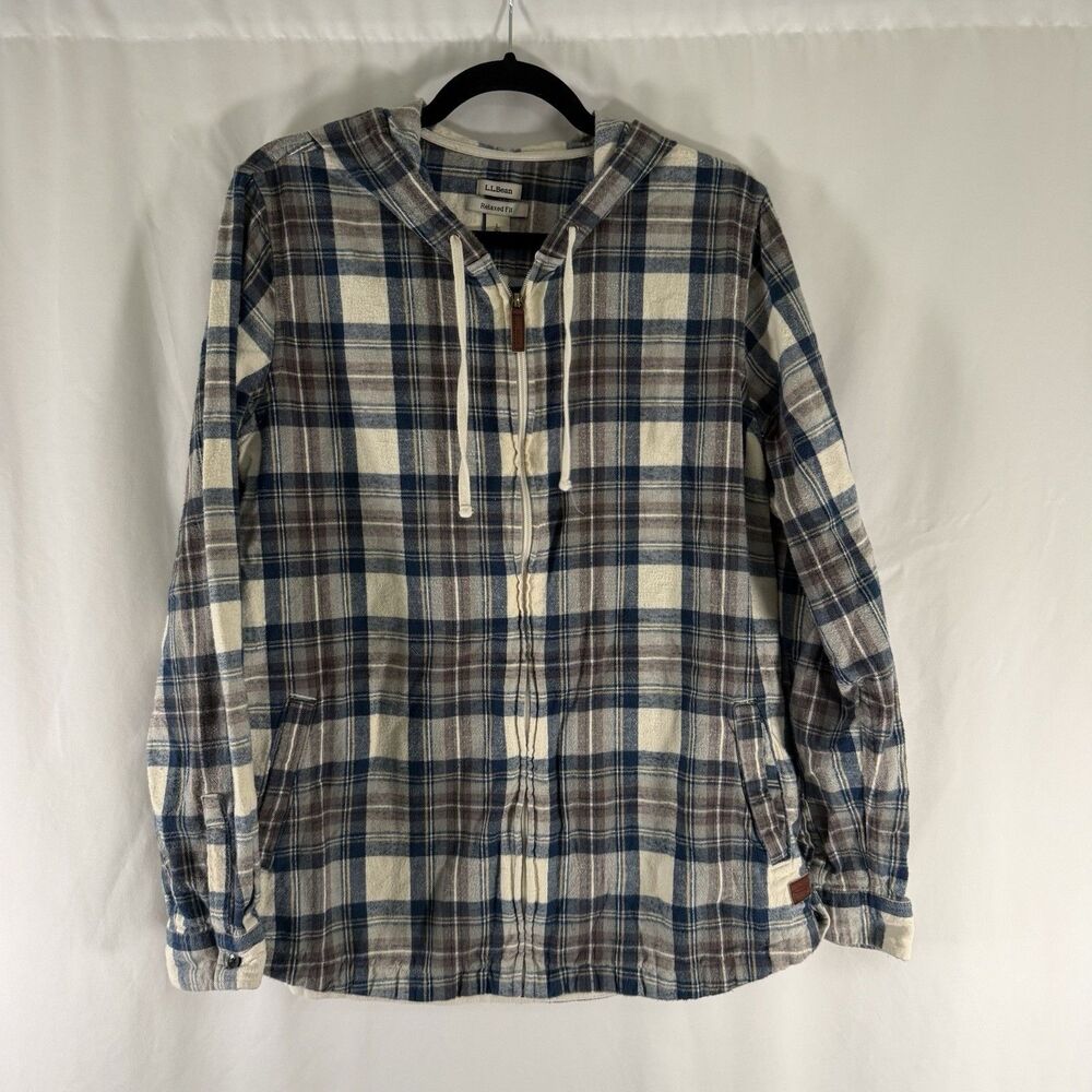 LL Bean Flannel Shacket Men's Large Tall Blue Plaid Full Zip Long Sleeve Hooded